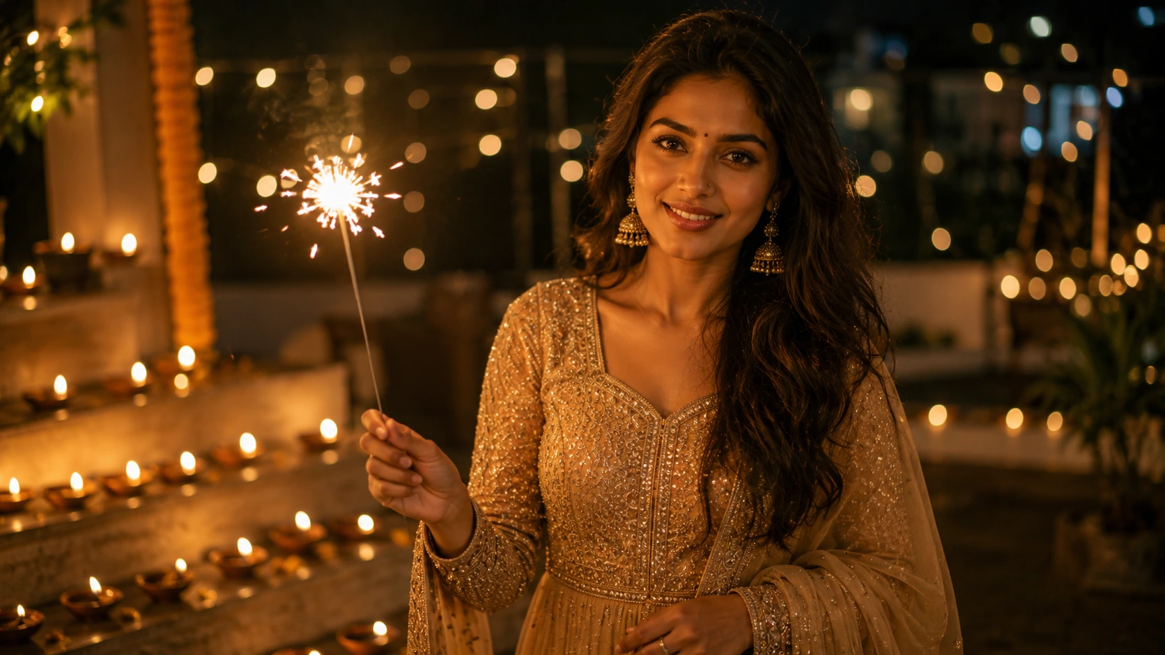 Festive Diwali AI image prompt for women — glowing portrait