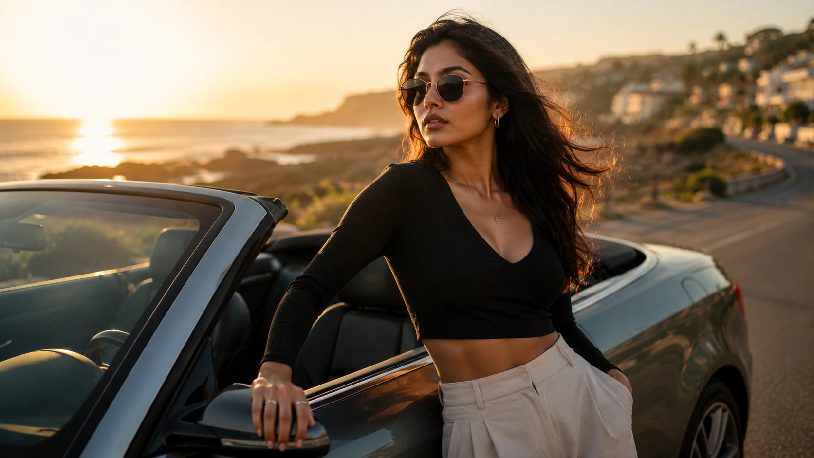 Luxury sunset drive cinematic AI image prompt for women