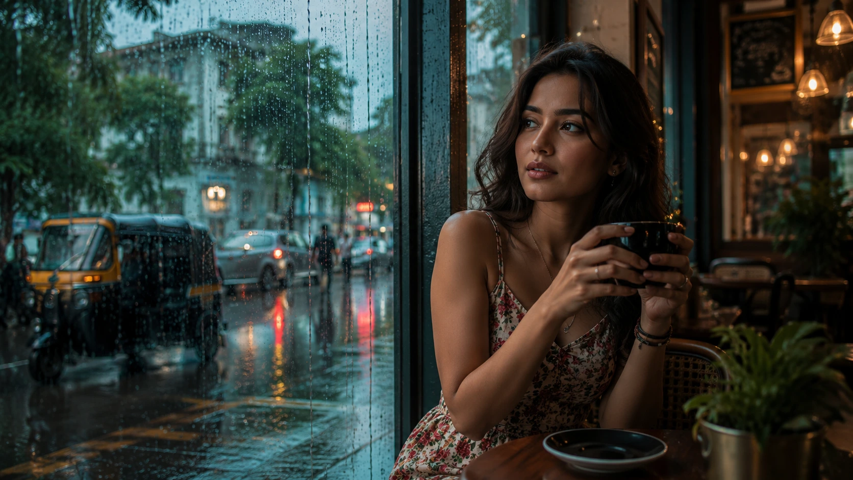 Rainy café cinematic mood AI image prompt for women