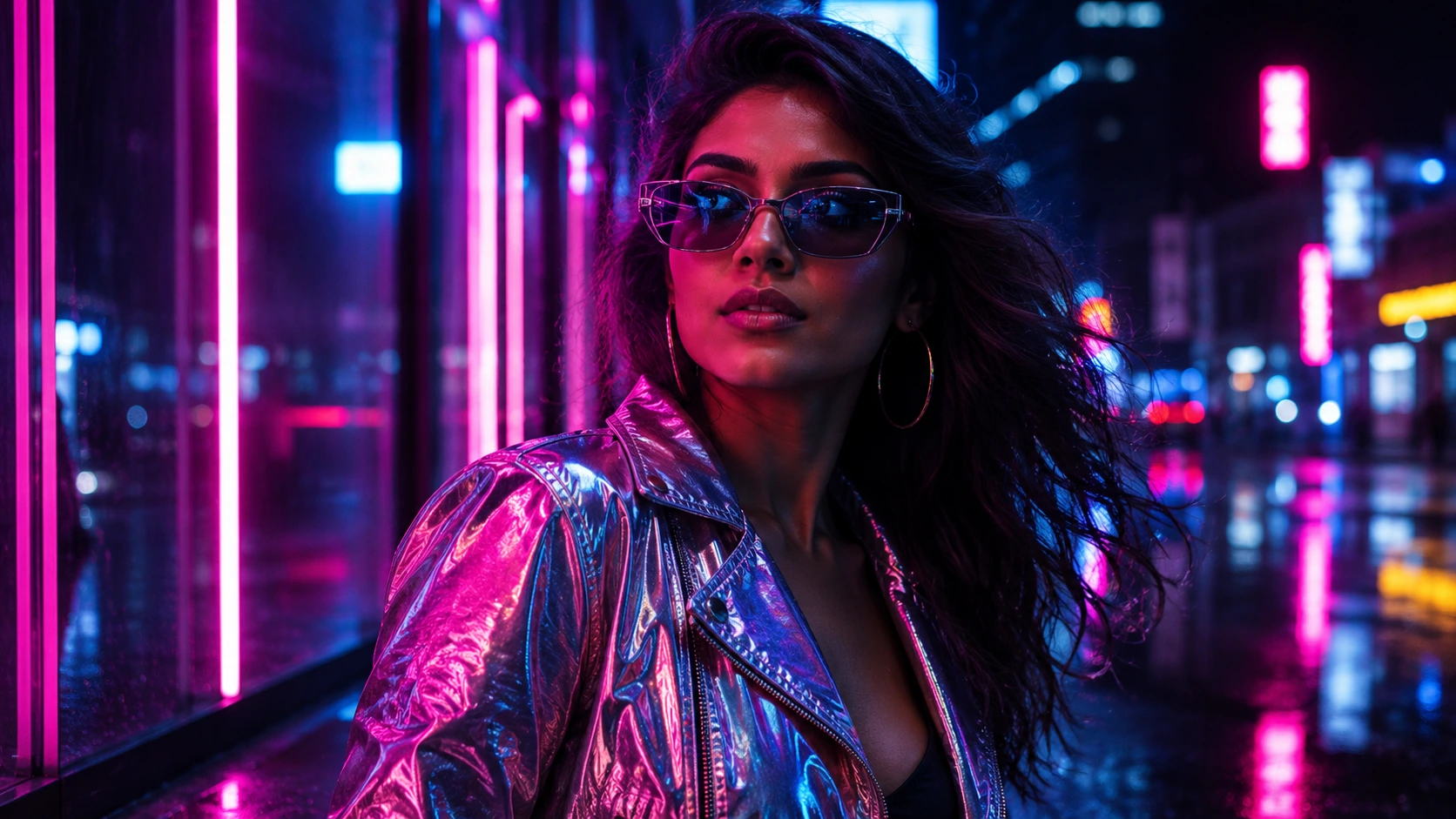 Neon cyberpunk goddess AI image prompt for women — dramatic portrait