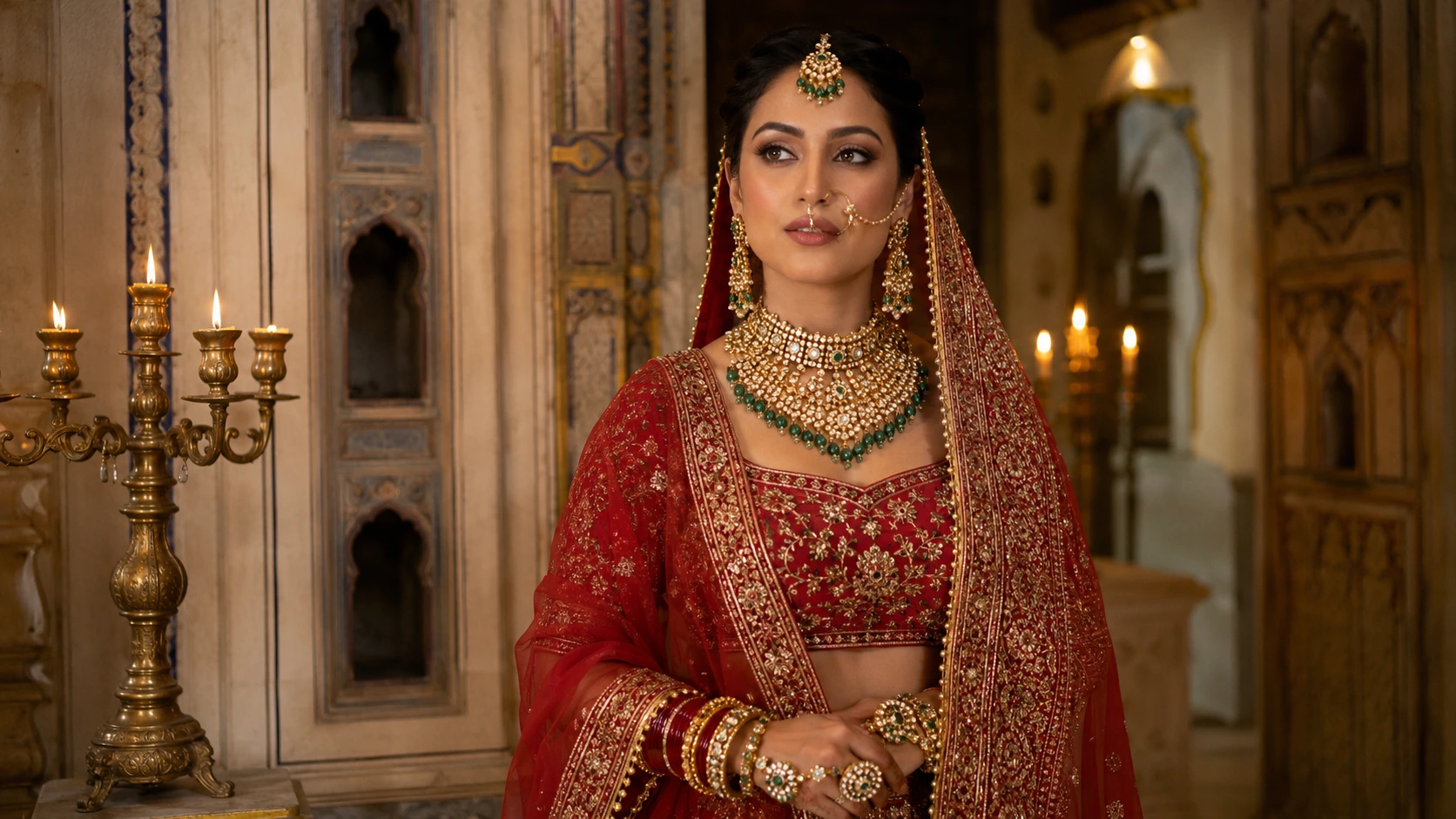 Royal bridal lehenga style AI image prompt for women — 4K cinematic portrait