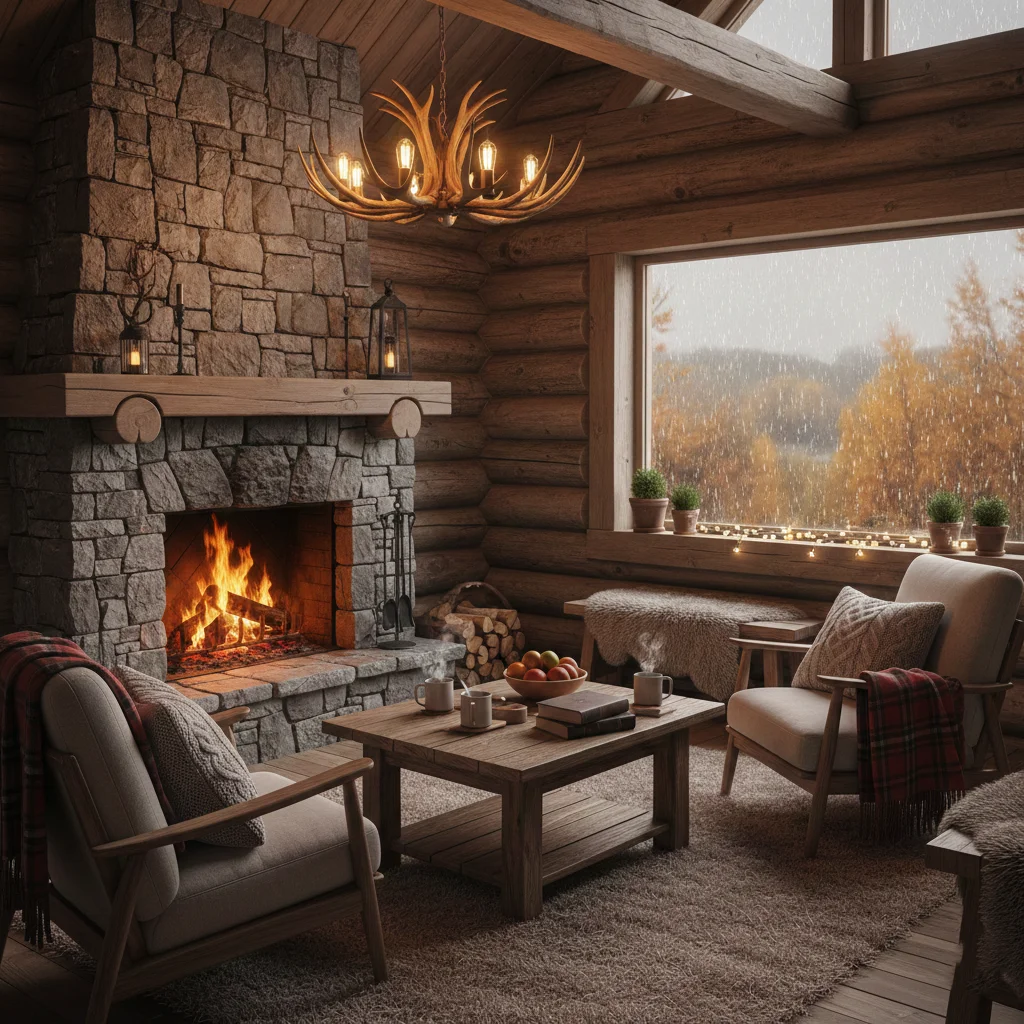 Cozy autumn cabin interior with fireplace created using Gemini AI prompt