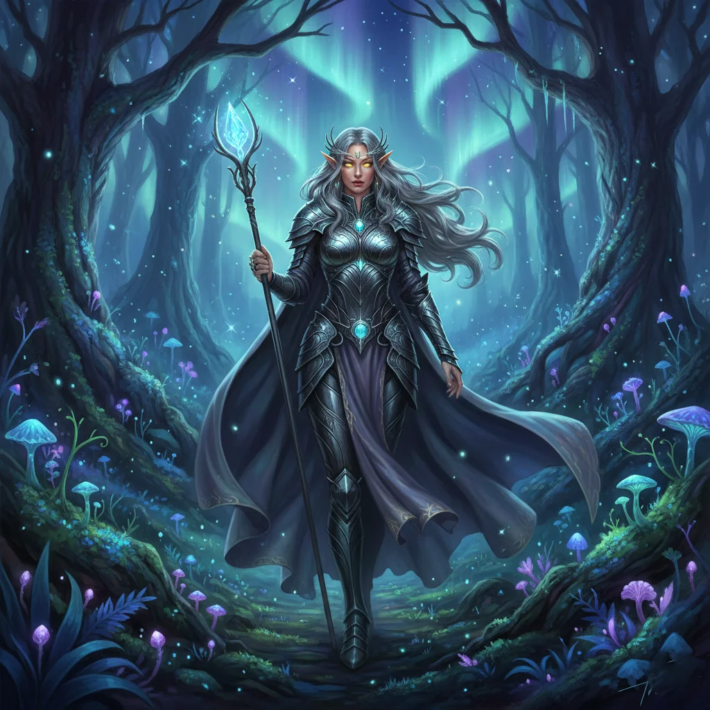 Fantasy elf queen in enchanted forest generated using Gemini AI prompt