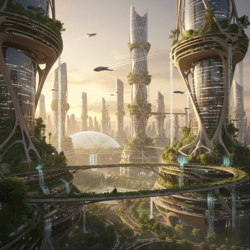 Futuristic sustainable city with vertical gardens generated by Gemini AI