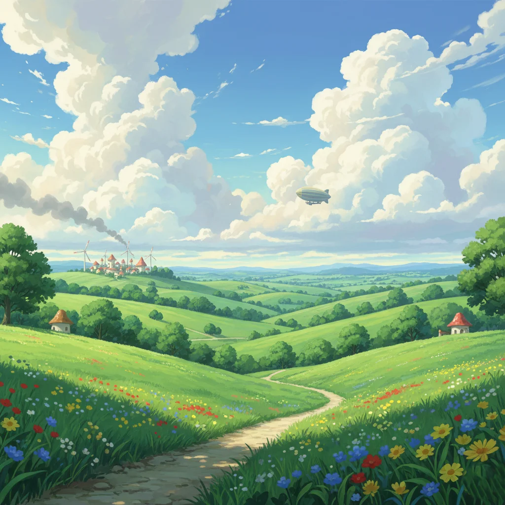 Studio Ghibli style landscape generated using Gemini AI image prompt