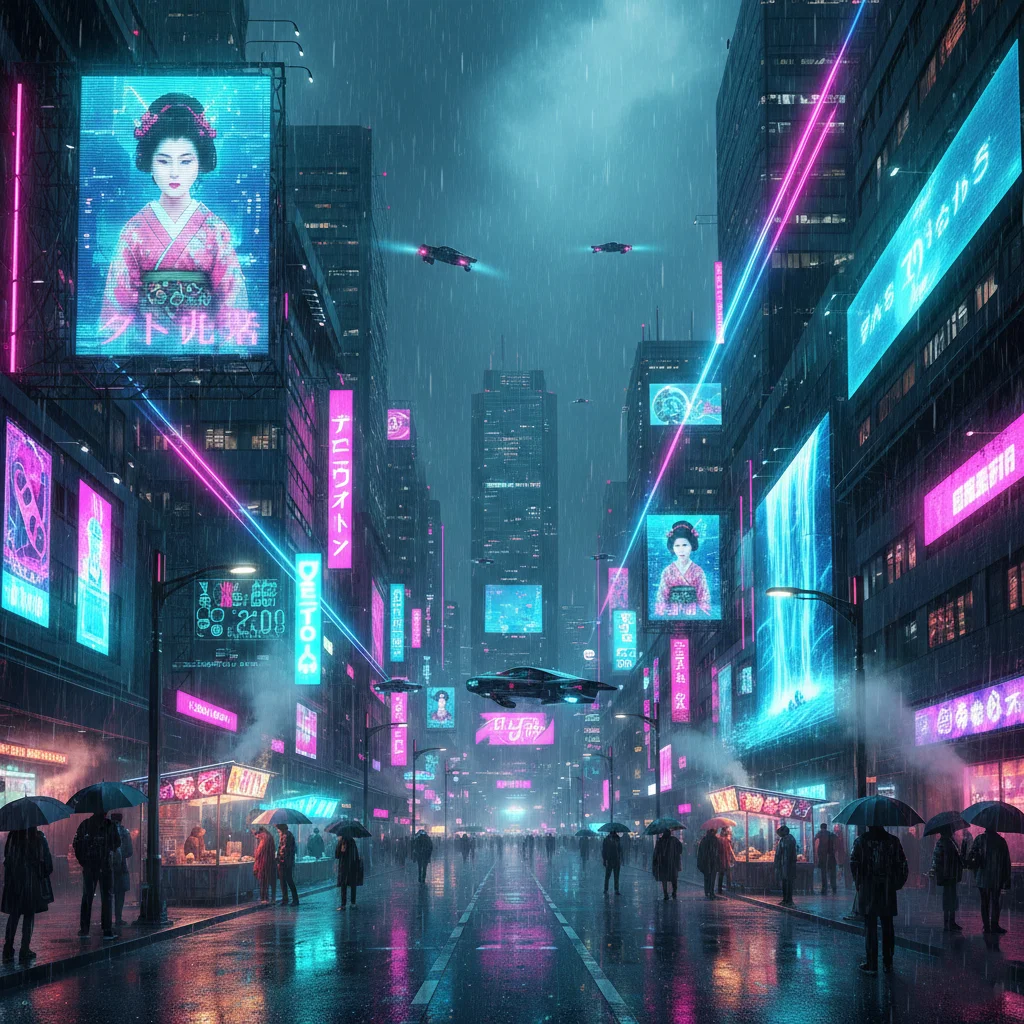 Neon cyberpunk street in Tokyo 2099 created with Gemini AI image prompt