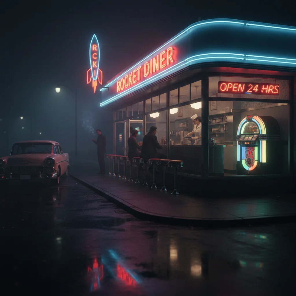 1950s retro diner at night generated using Gemini AI prompt