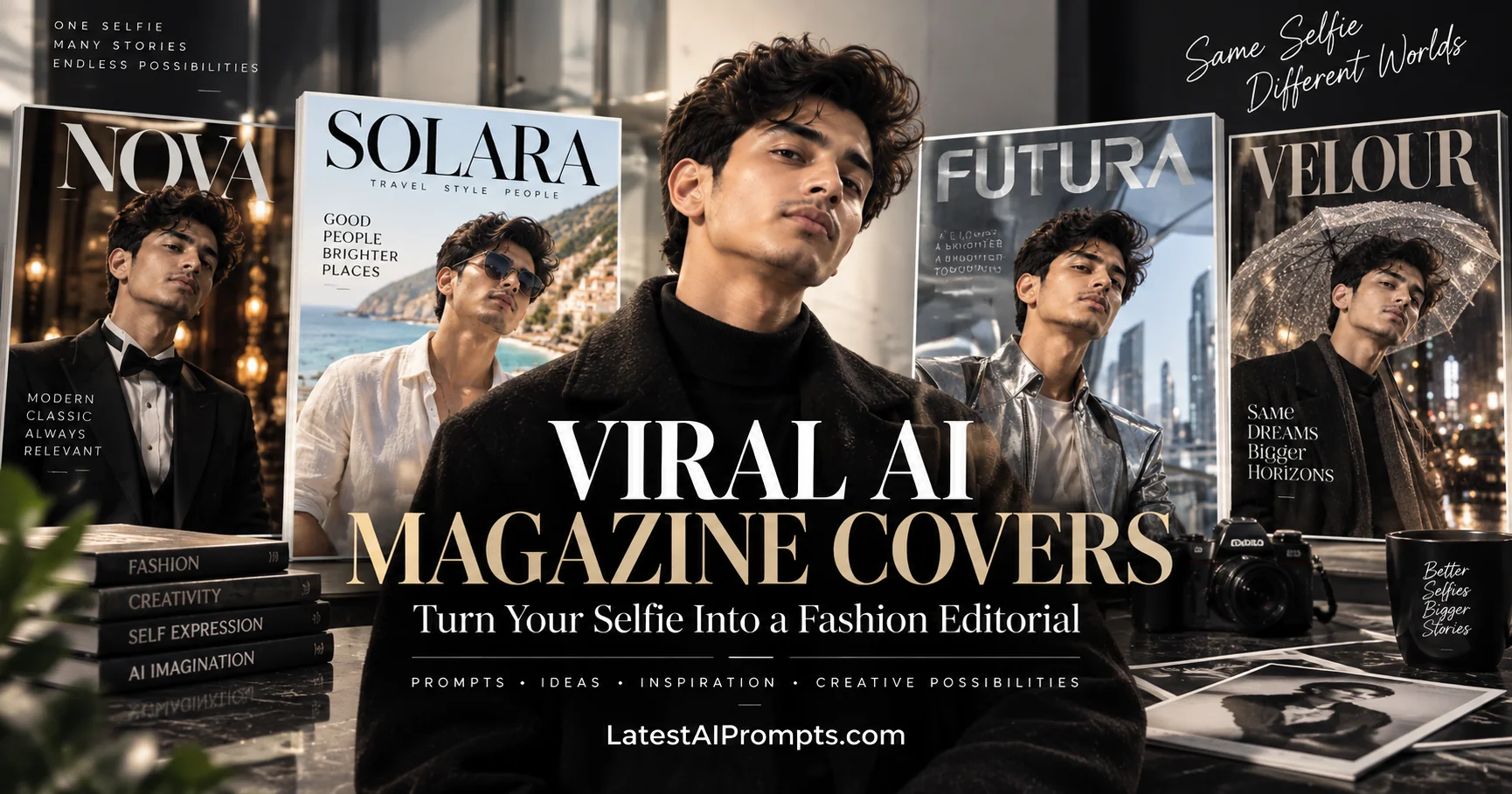Fashion editorial magazine cover created from a selfie using an AI image prompt