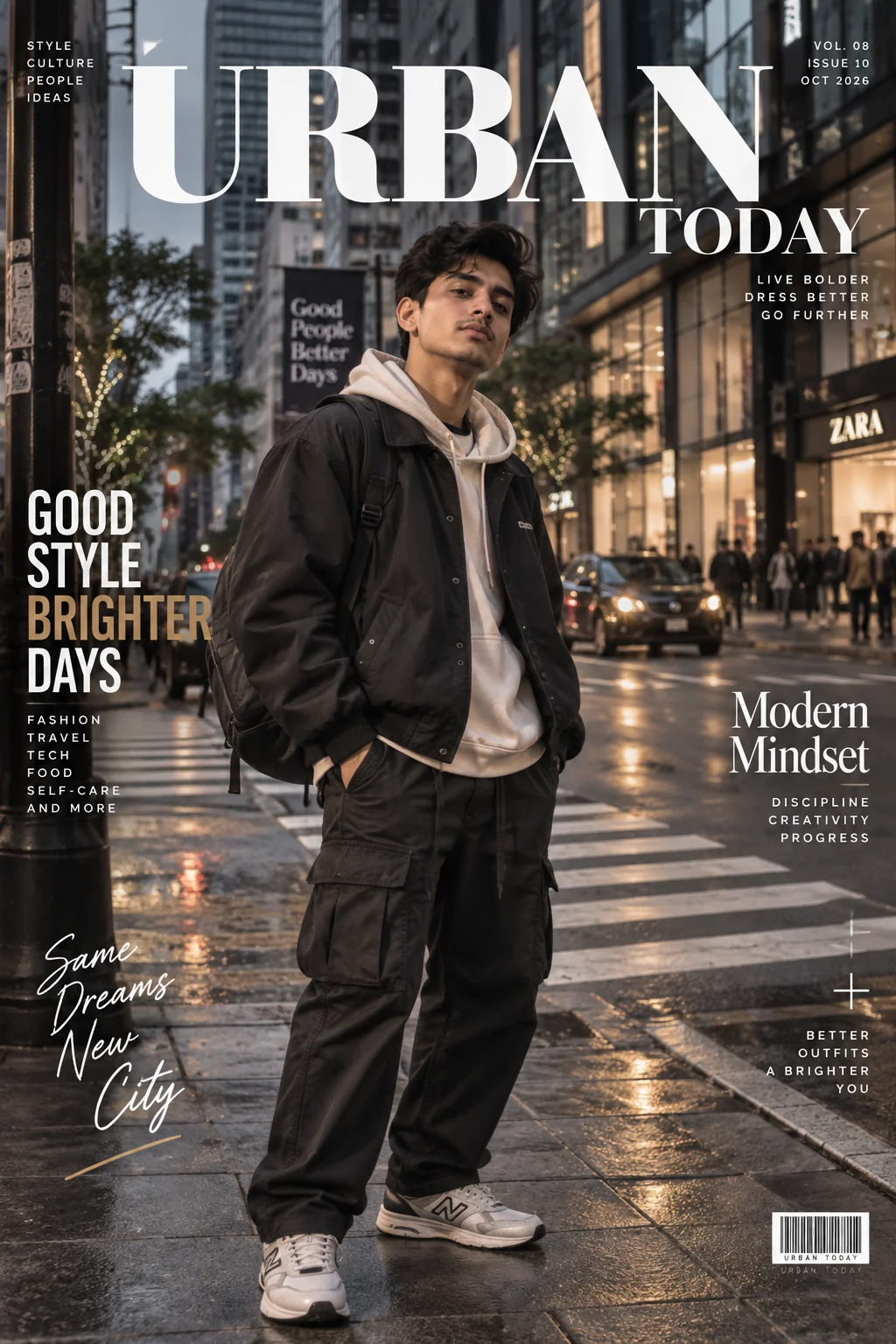 Urban streetwear fashion magazine cover portrait