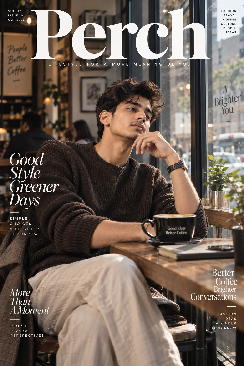Candid coffee shop fashion editorial magazine cover