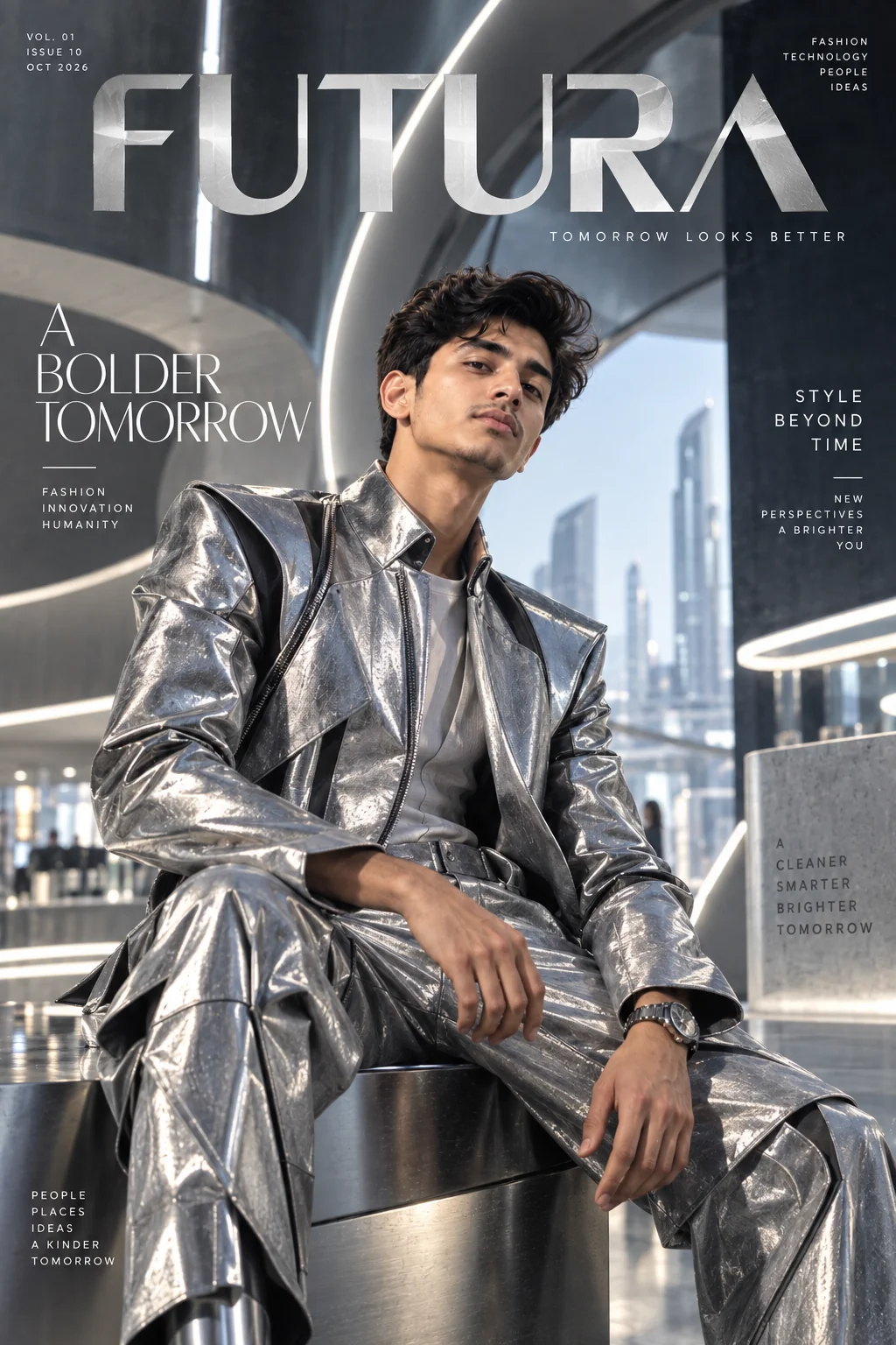 Futuristic silver fashion magazine cover portrait