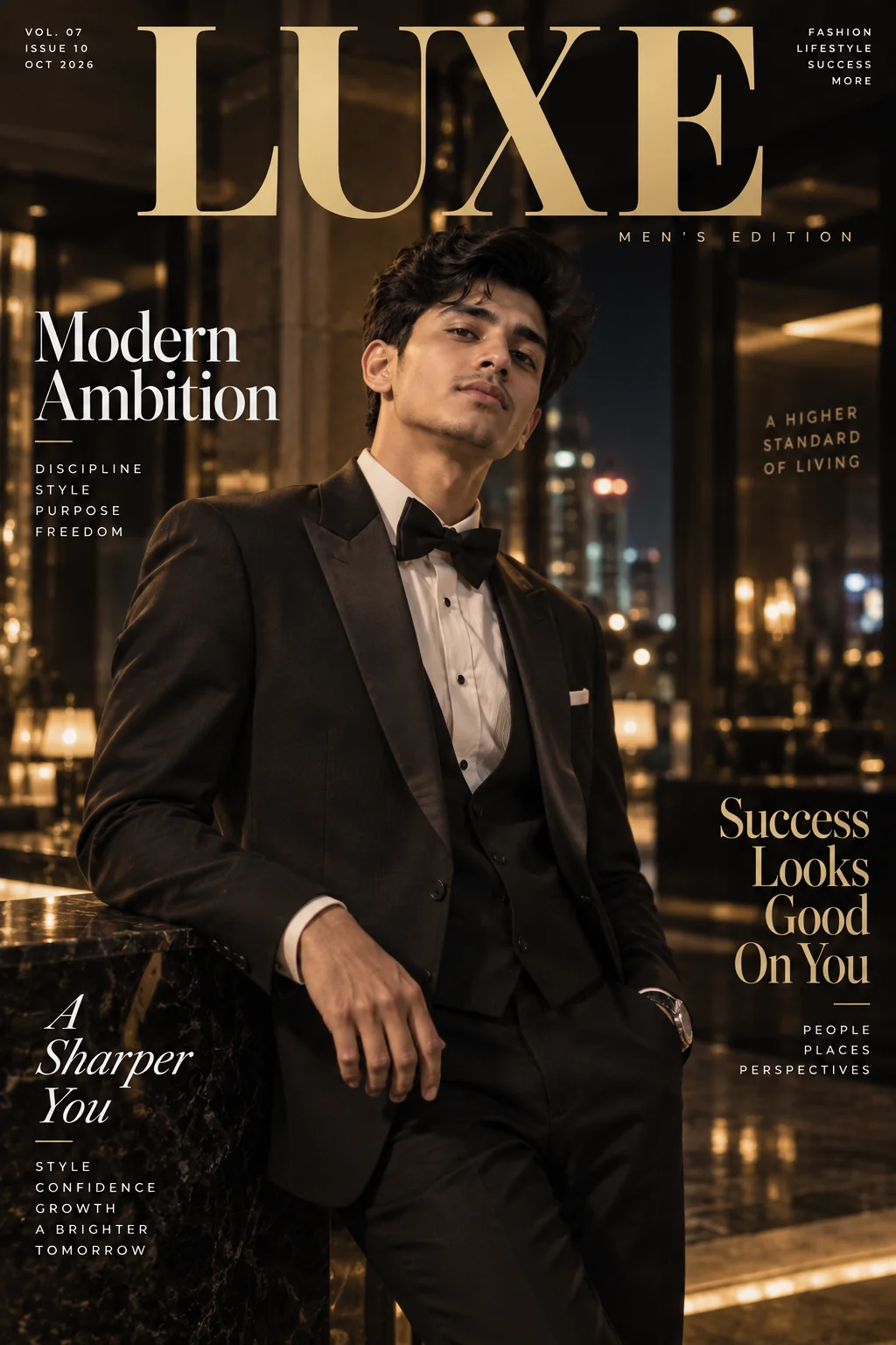 Black-tie evening fashion magazine cover portrait