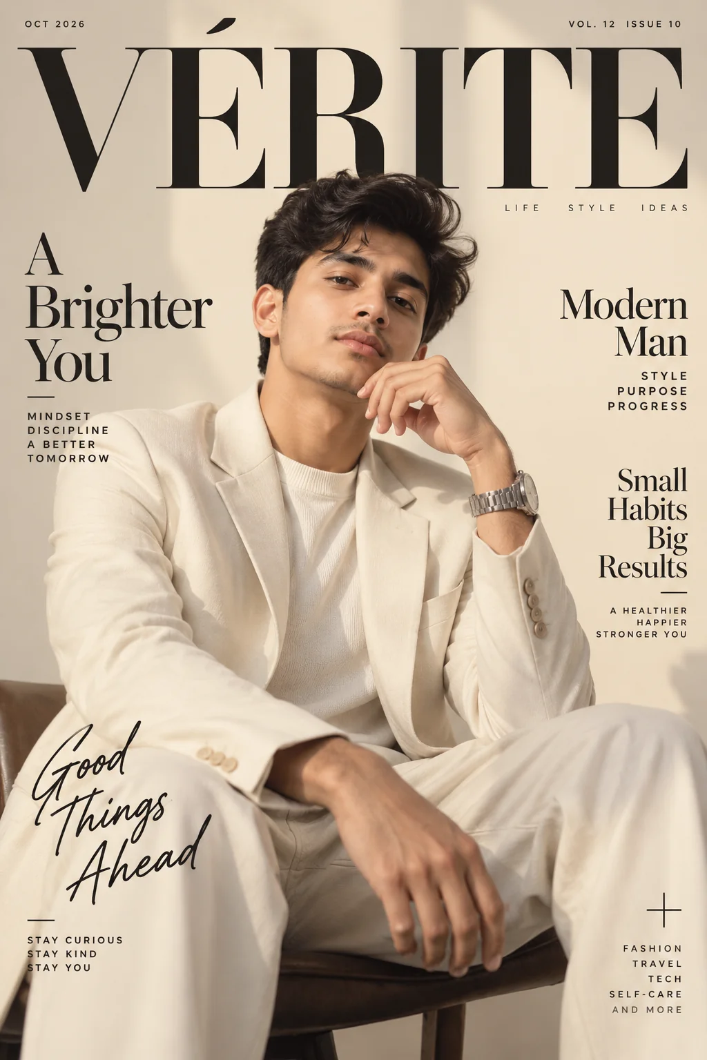 Minimal luxury fashion magazine cover portrait generated from a selfie