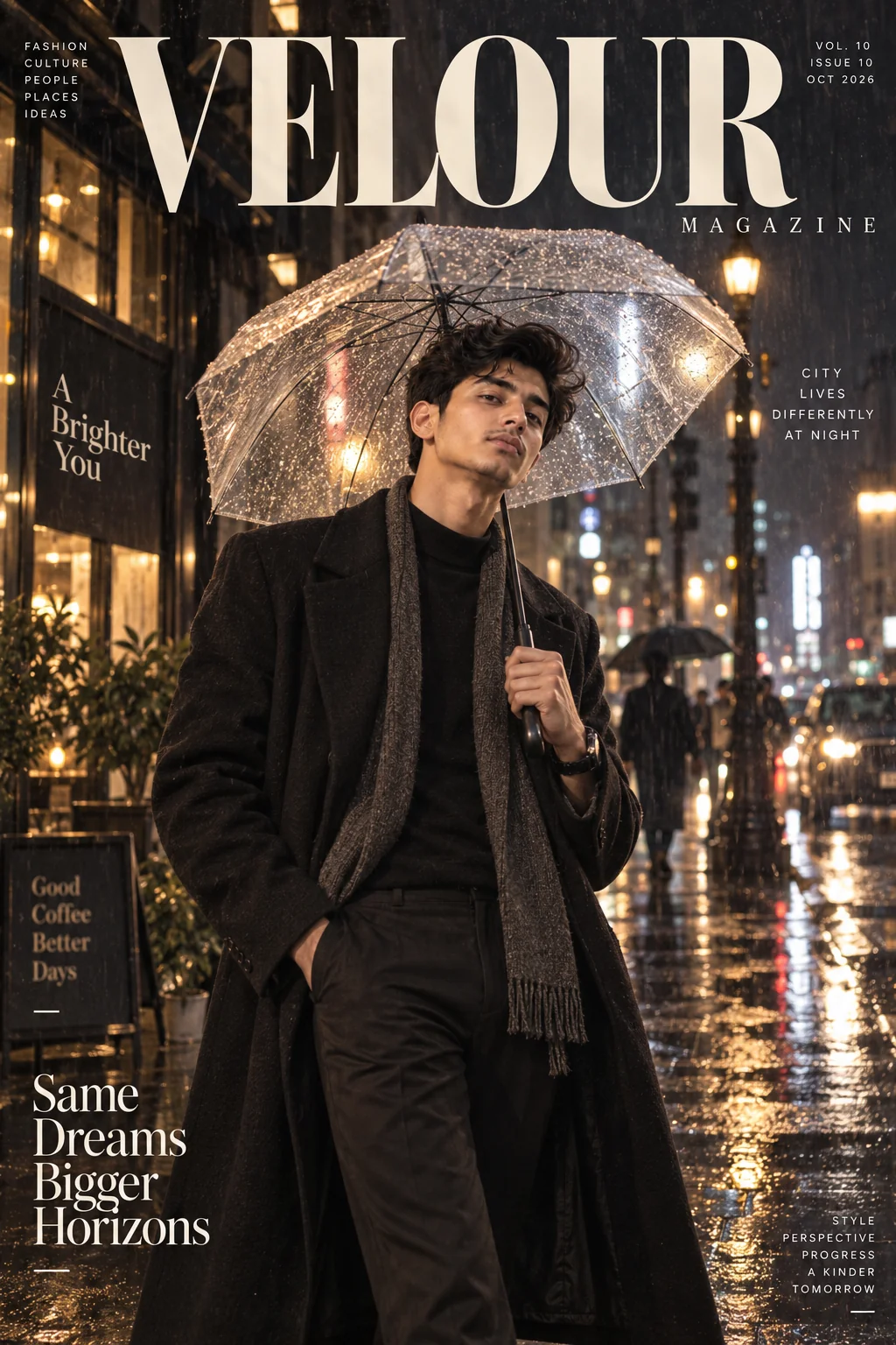 Cinematic rainy city fashion magazine cover