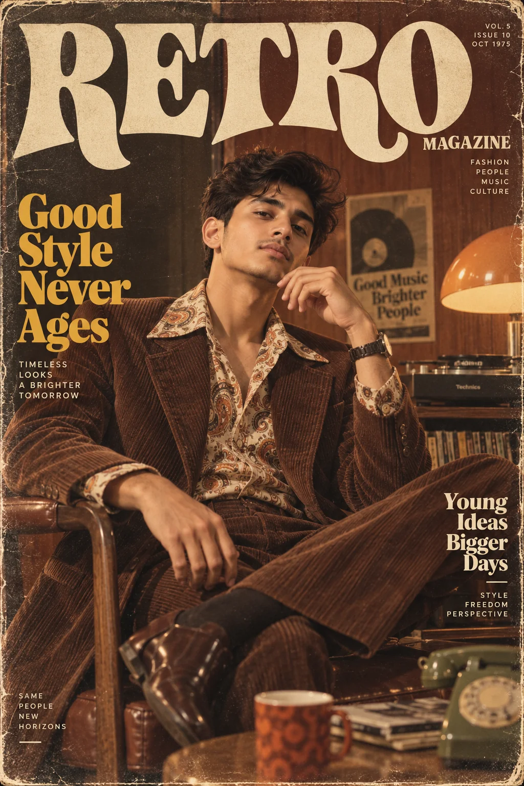 1970s inspired retro fashion magazine cover portrait