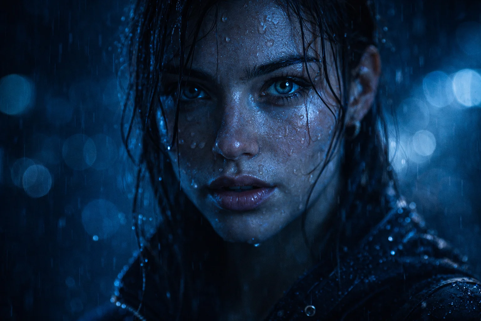 Raindrops on face hyper realistic portrait