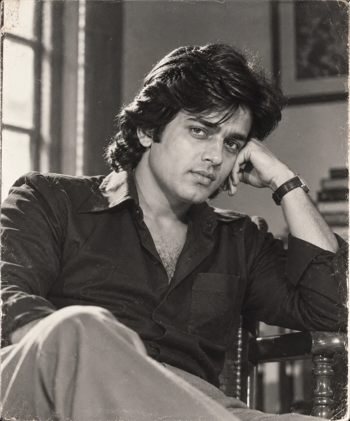 Black and white 1970s Indian film portrait with authentic analog grain