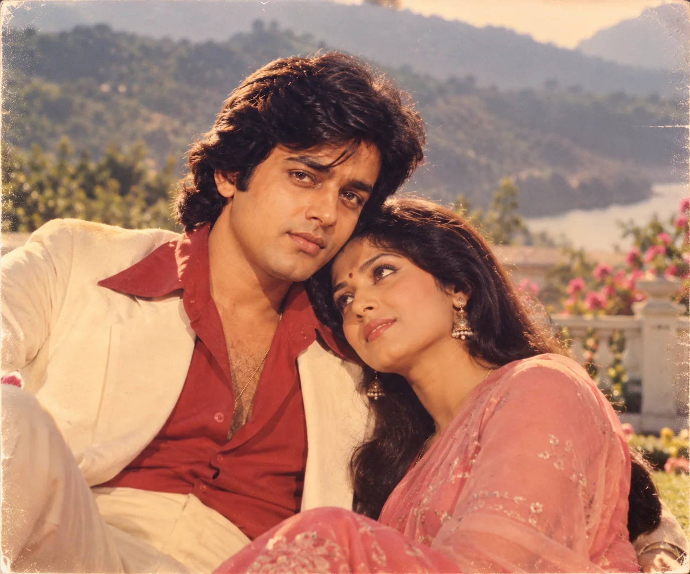 Romantic 1970s Bollywood film still with vintage cinematic photography