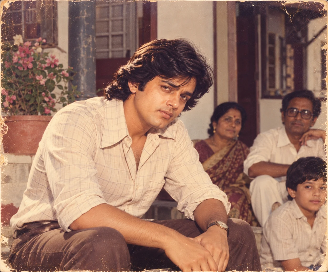Nostalgic 1970s Indian family album portrait with authentic vintage photography