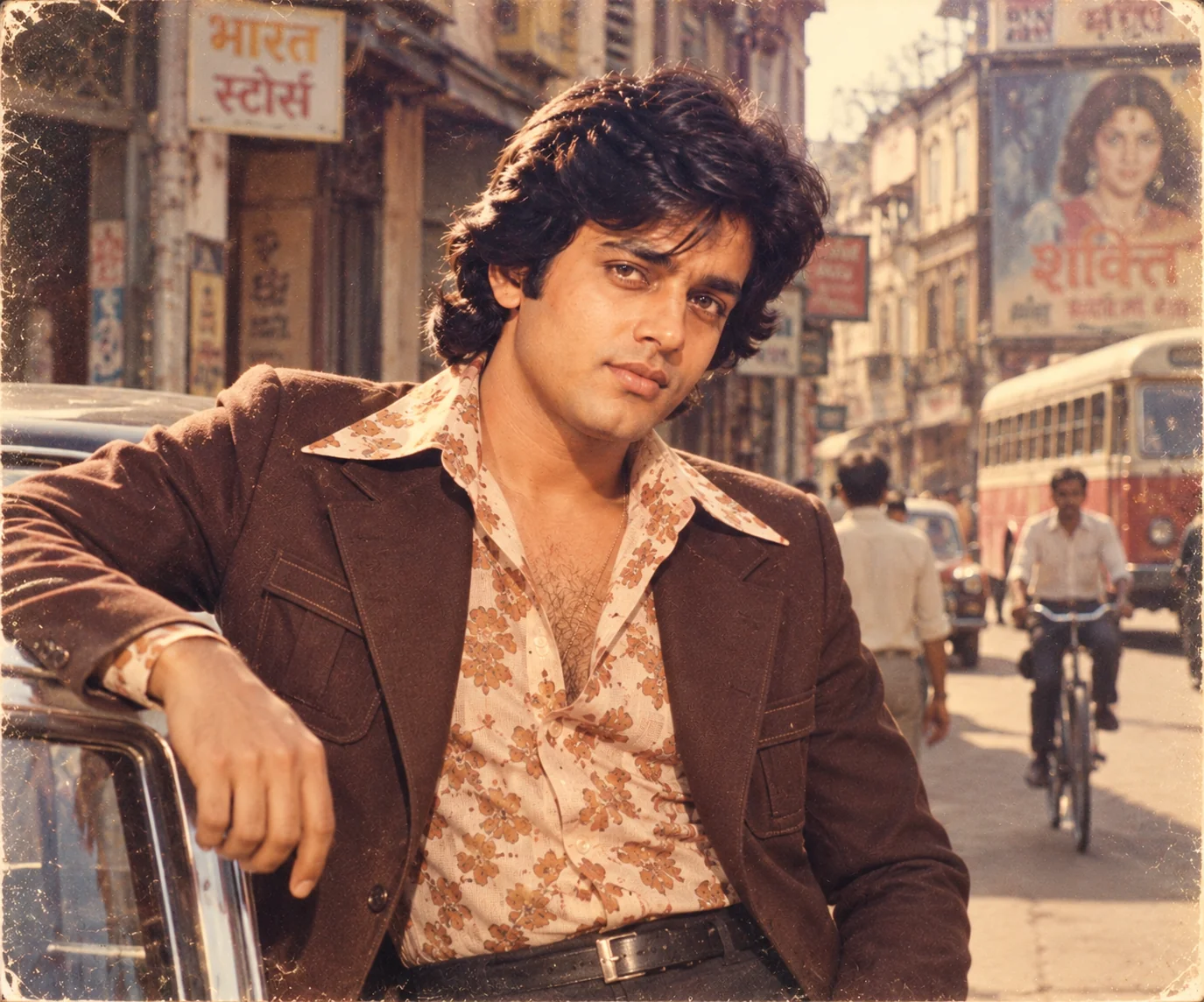 1970s Indian street fashion portrait with authentic vintage film texture