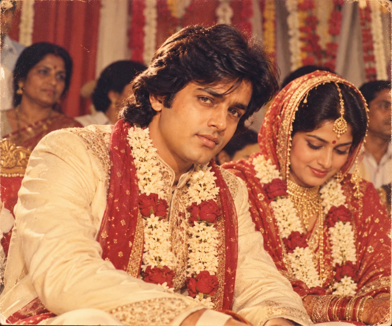 1970s Indian wedding portrait with vintage Bollywood-inspired photography