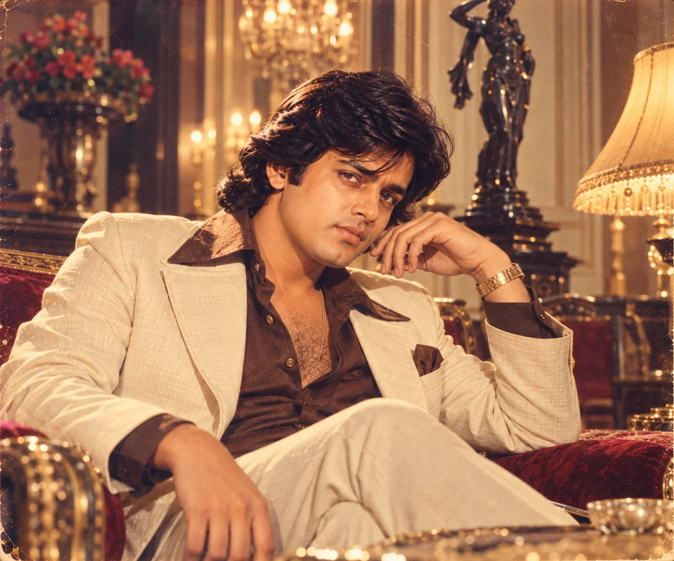 Luxury 1970s Bollywood fashion portrait with vintage editorial photography