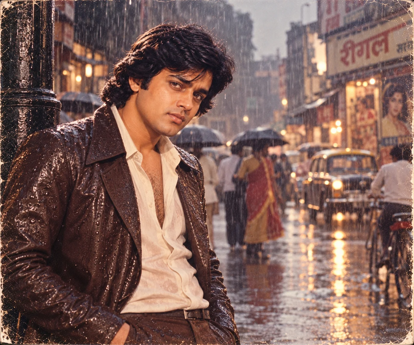 1970s Bollywood monsoon portrait with rainy vintage Indian cinema atmosphere