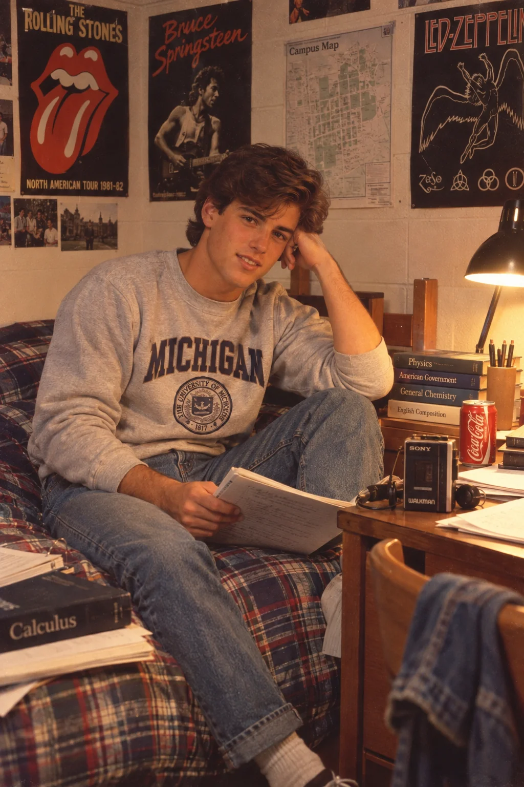 1980s college boy dorm room candid portrait AI prompt — retro male student in wood-panelled dormitory room with concert posters