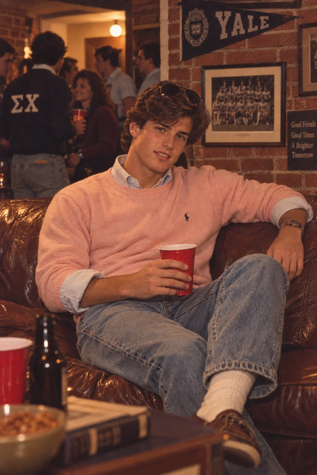 1980s college boy fraternity common room portrait AI prompt — retro male student in sweater with aviator sunglasses in campus social setting