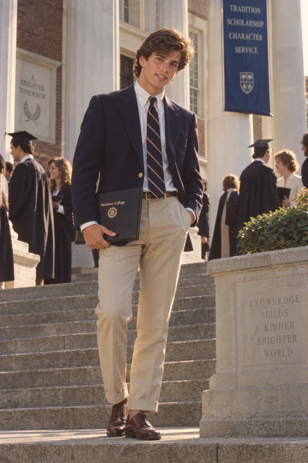 1980s graduation day portrait AI prompt — retro college boy in navy blazer and tie on campus building steps in soft daylight