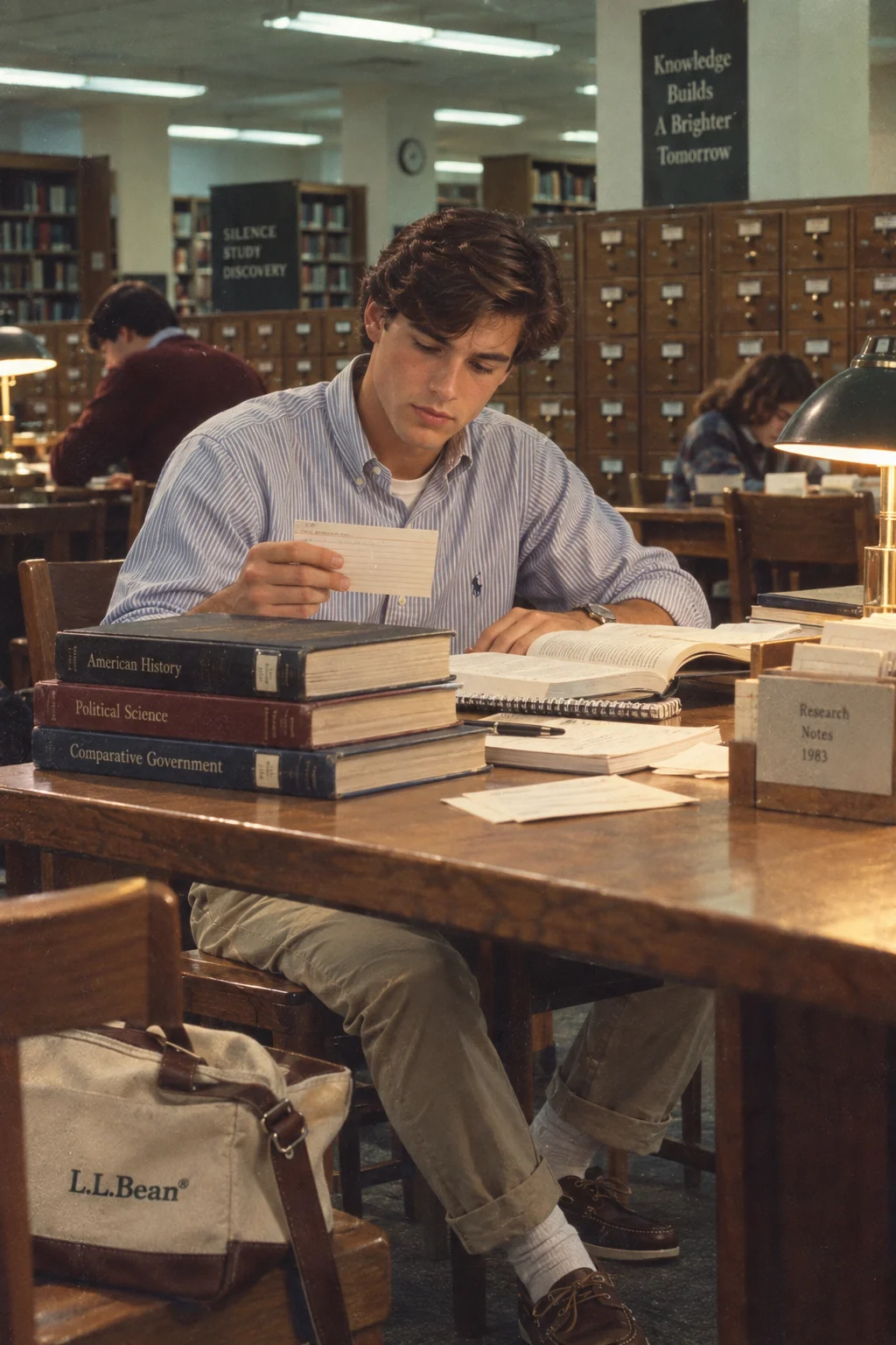 1980s college boy campus library study session AI prompt — retro male student at card catalogue desk with textbooks