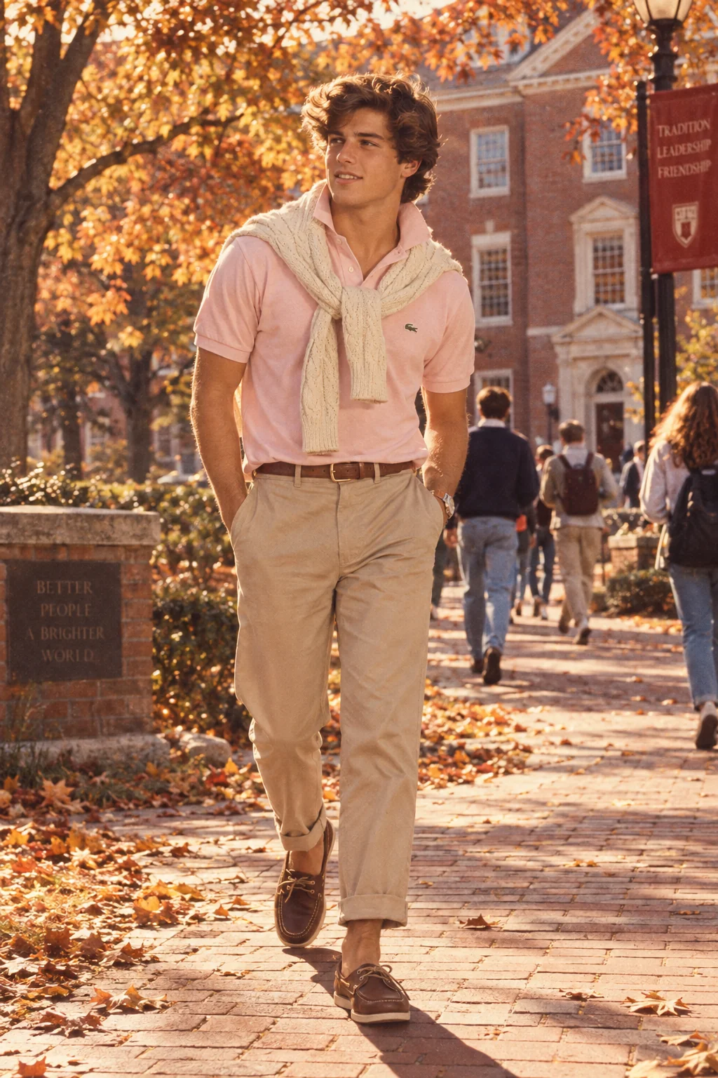 1980s preppy campus fashion portrait AI prompt — retro college boy in polo shirt on autumn campus quad