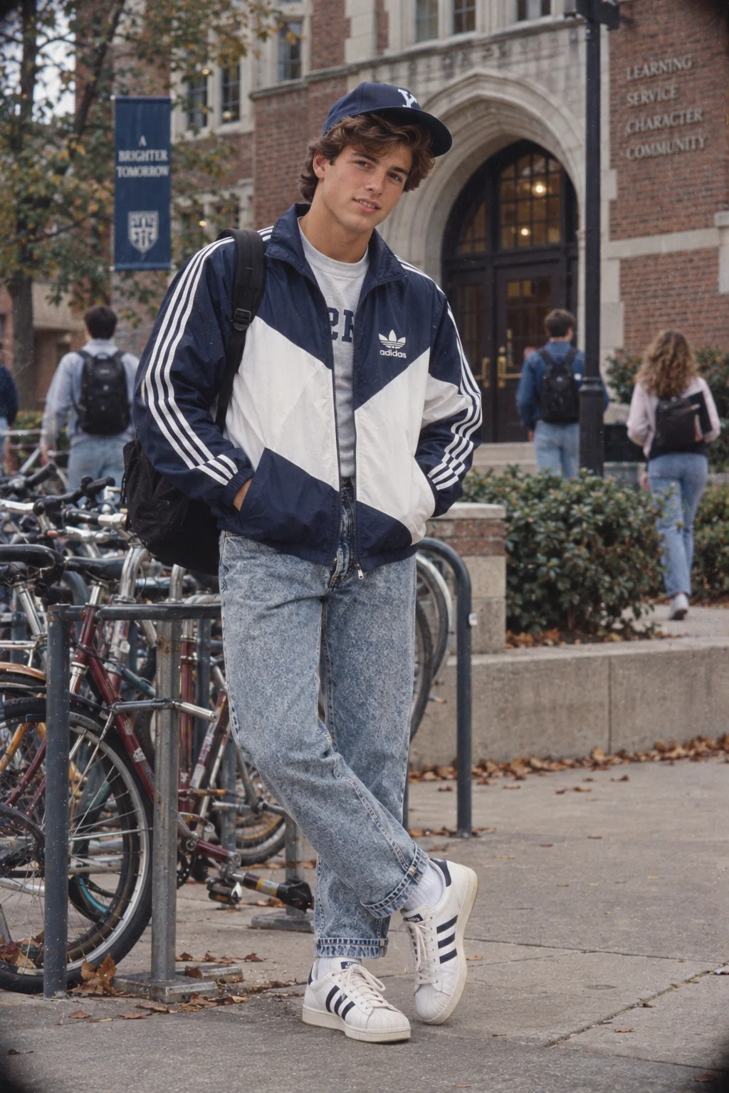 1980s sporty windbreaker campus shot AI prompt — retro college boy in nylon Adidas jacket near campus bike rack