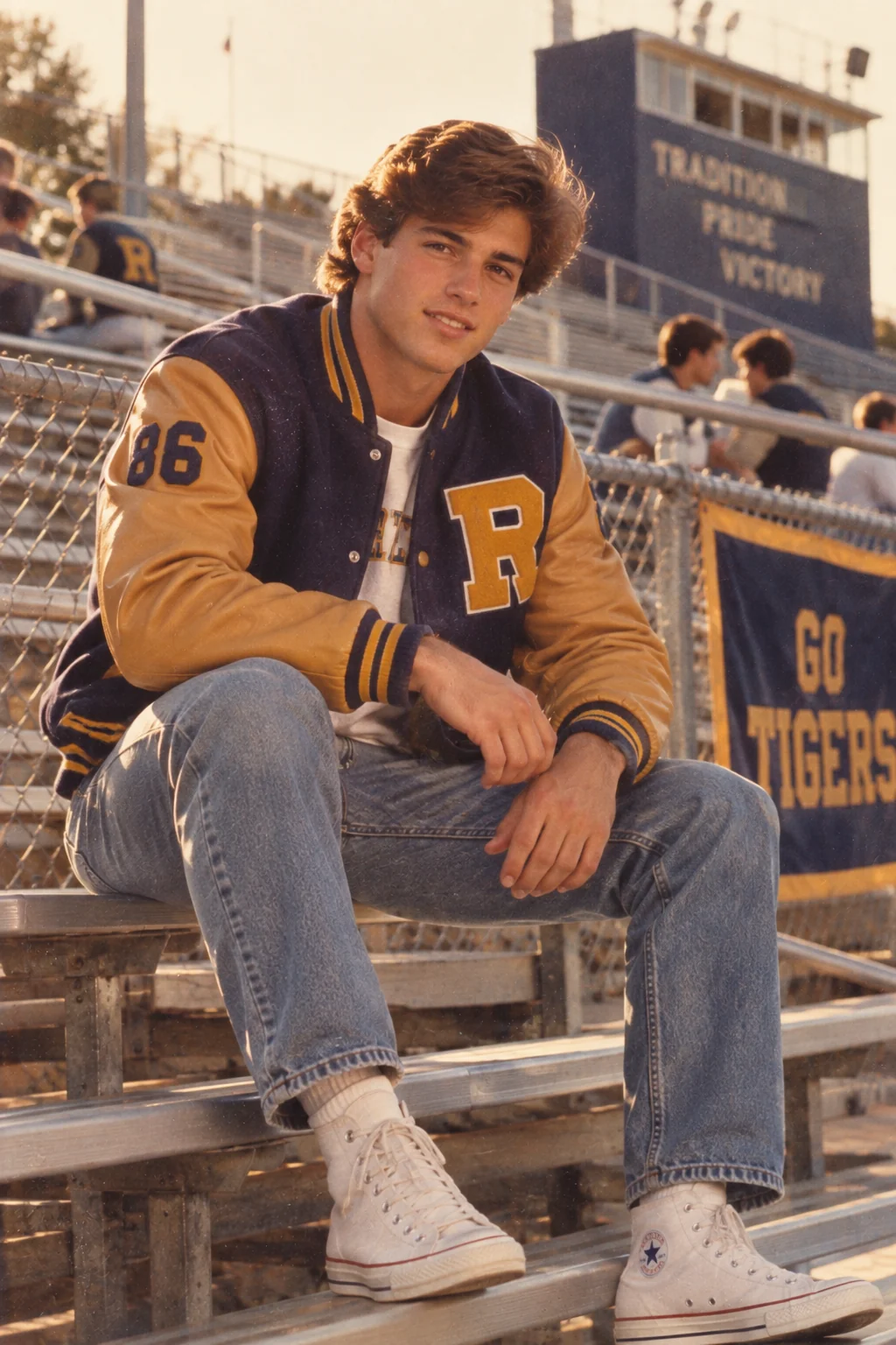 1980s college boy varsity letterman jacket portrait AI prompt — retro male student in athletic jacket on campus bleachers