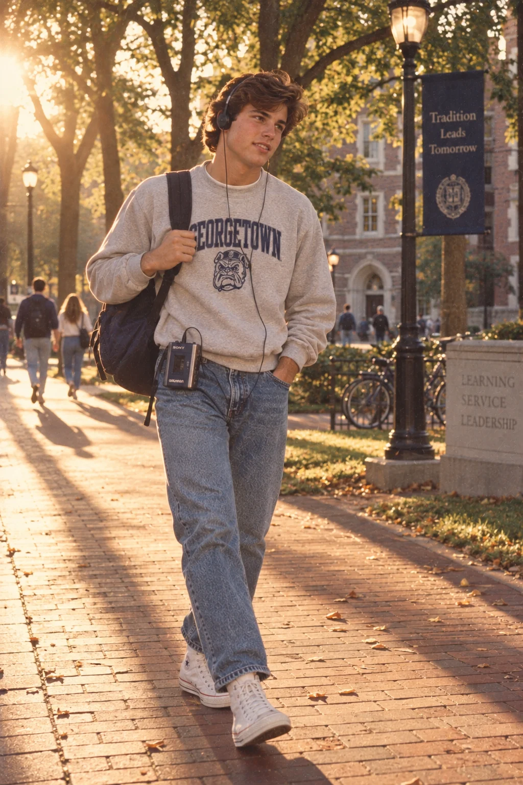 1980s Walkman campus morning stroll AI prompt — retro college boy with Sony Walkman on tree-lined campus path in early morning golden light