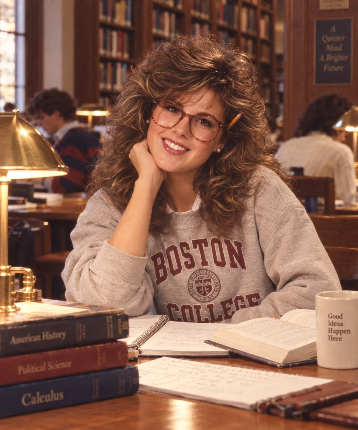 1980s campus library study girl AI prompt — retro college student at reading desk with stacked textbooks