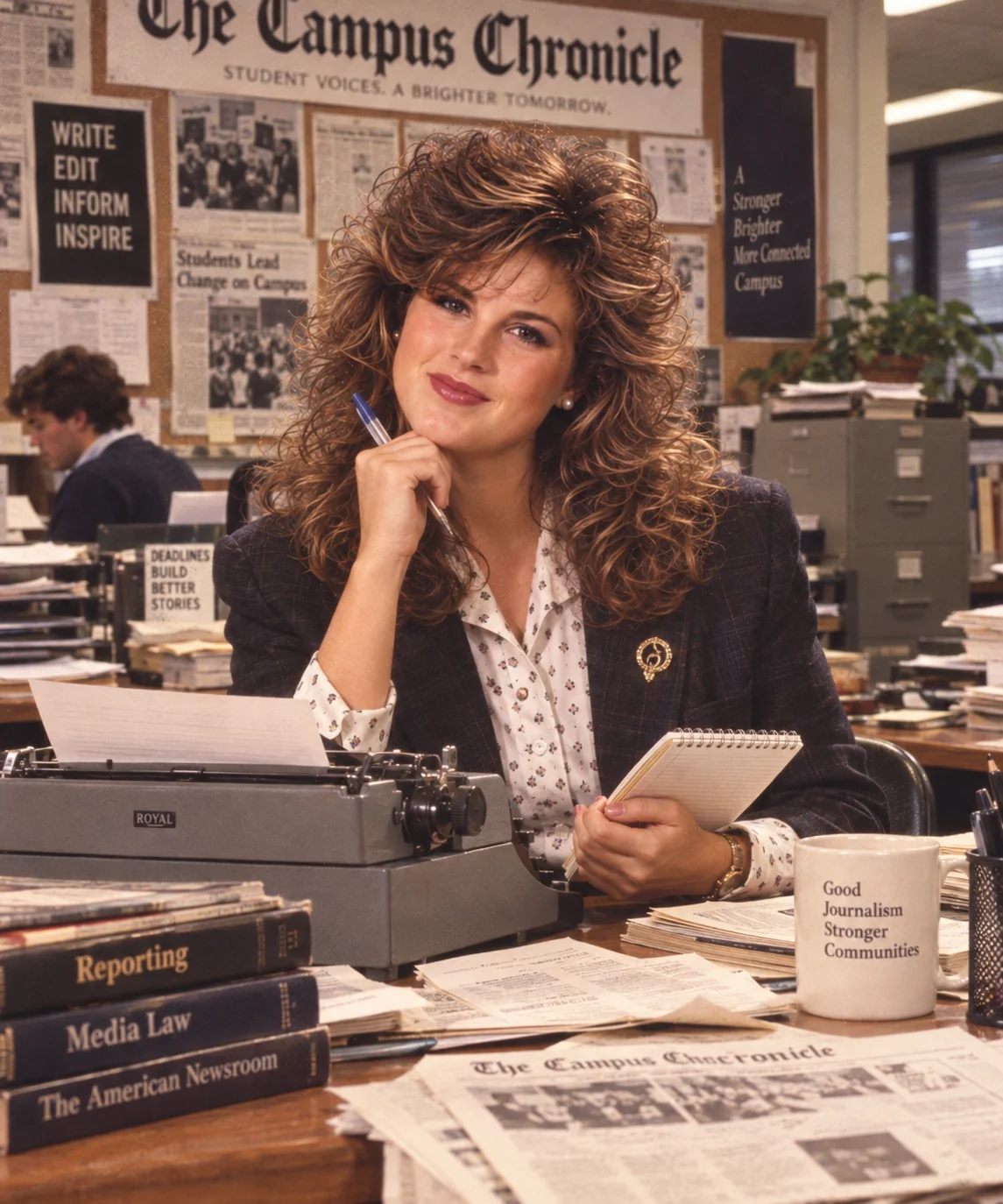 1980s campus newspaper journalist AI prompt — retro college girl reporter with notepad typewriter determined expression