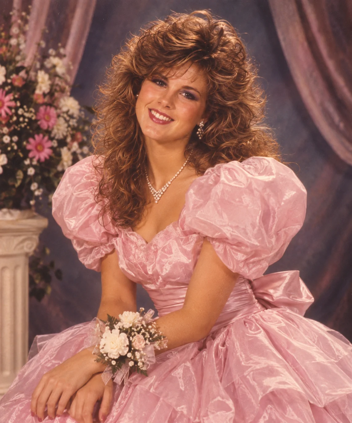 1980s college prom formal night portrait AI prompt — retro big hair poofy dress corsage formal photo