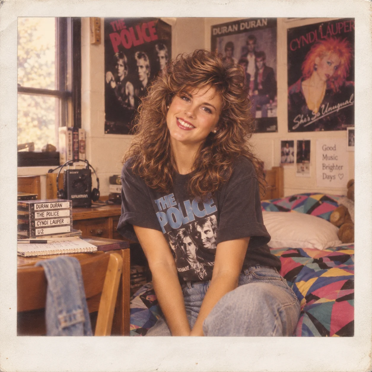 1980s dorm room Polaroid candid AI prompt — retro college girl with cassette tapes concert posters cinder block walls