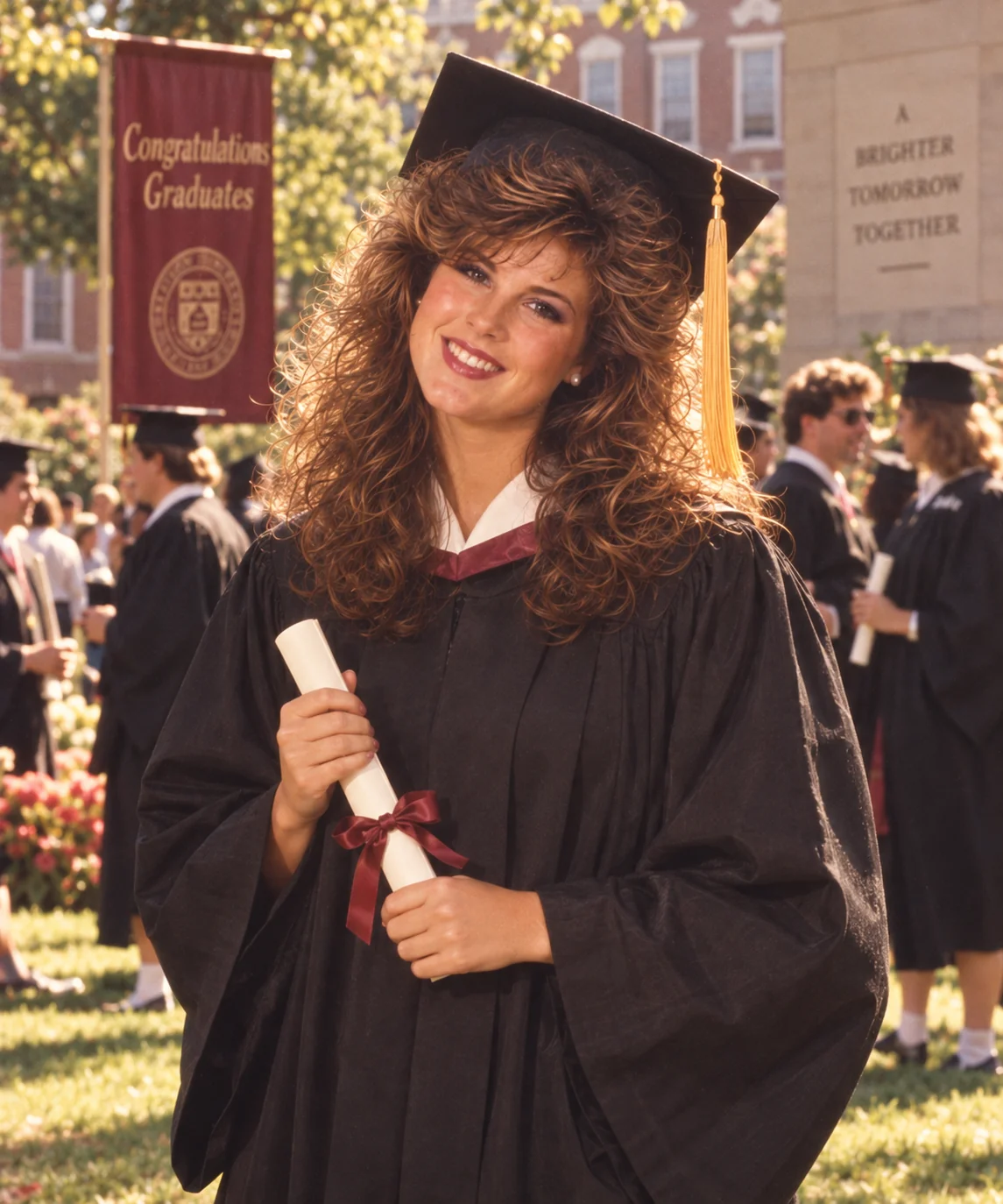 1980s graduation day college portrait AI prompt — retro cap and gown ceremony Kodak family celebration photo