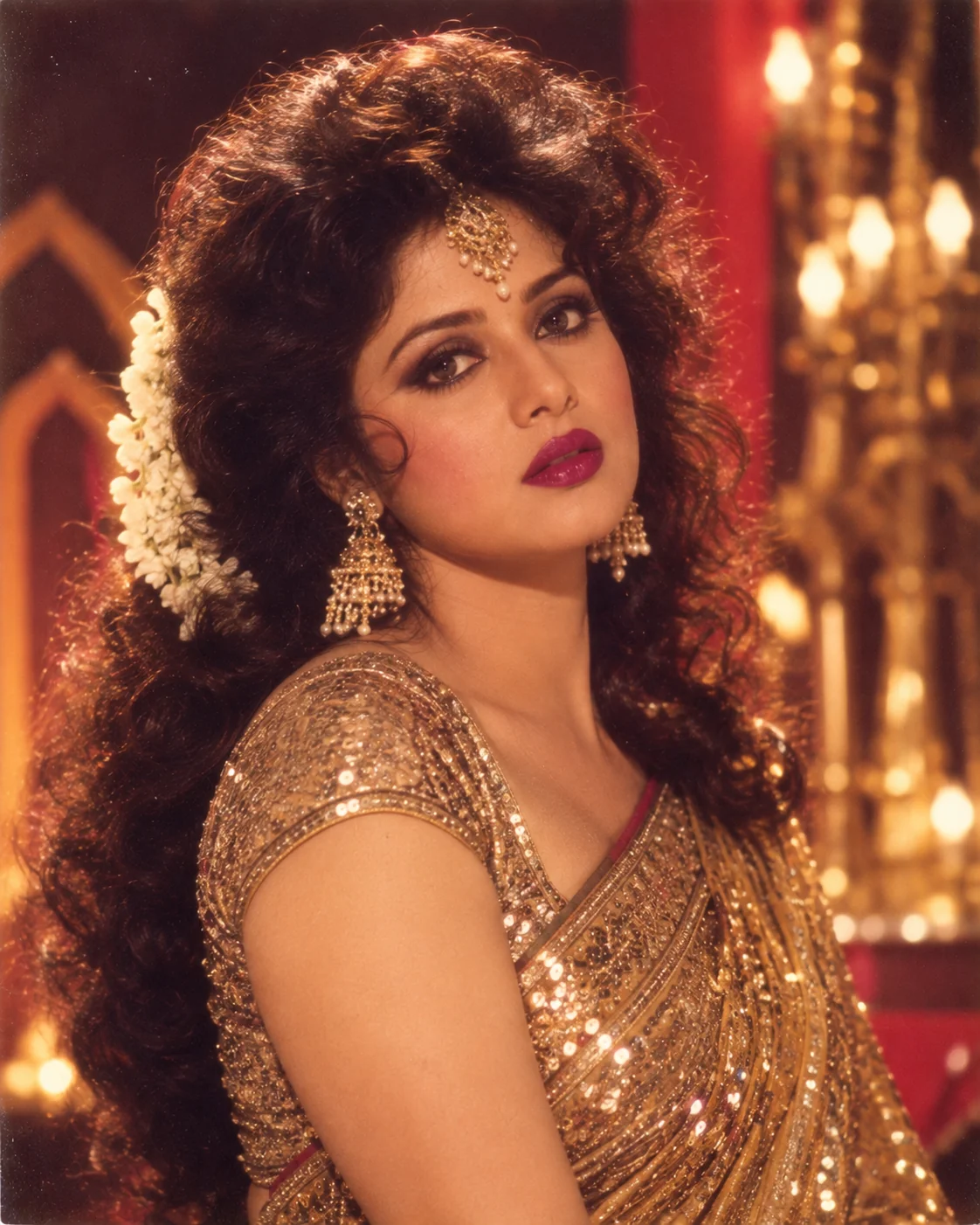 1980s Bollywood heroine glamour AI photo prompt — sequin saree vintage film-camera portrait