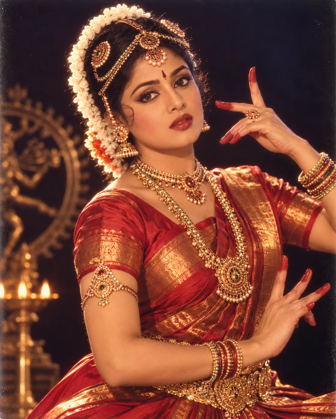 1980s classical Indian dancer glamour AI photo prompt — Bharatanatyam studio vintage film-camera portrait
