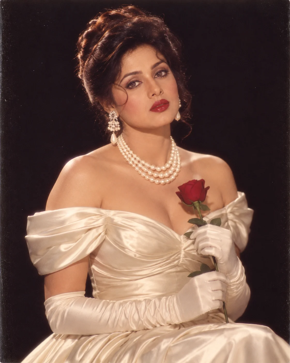 1980s evening gown glamour AI photo prompt — pearl jewellery formal vintage film-camera portrait