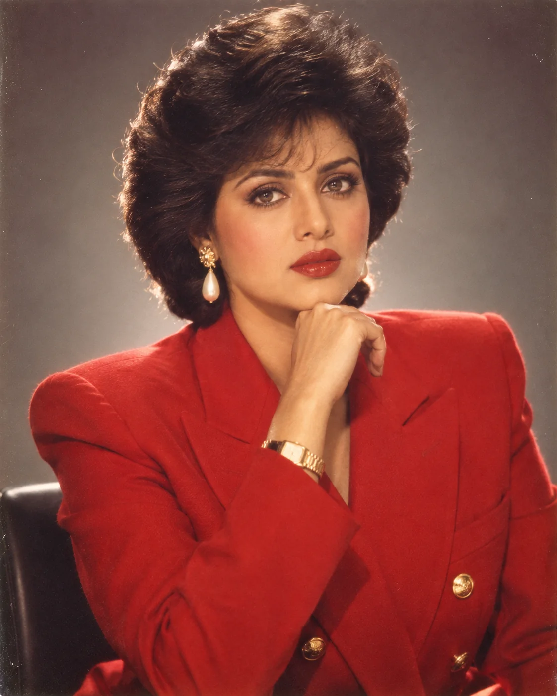 1980s power suit executive glamour AI photo prompt — corporate vintage film-camera portrait