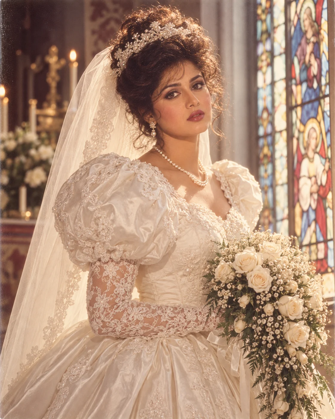 1980s vintage bridal glamour AI photo prompt — wedding portrait vintage film-camera style
