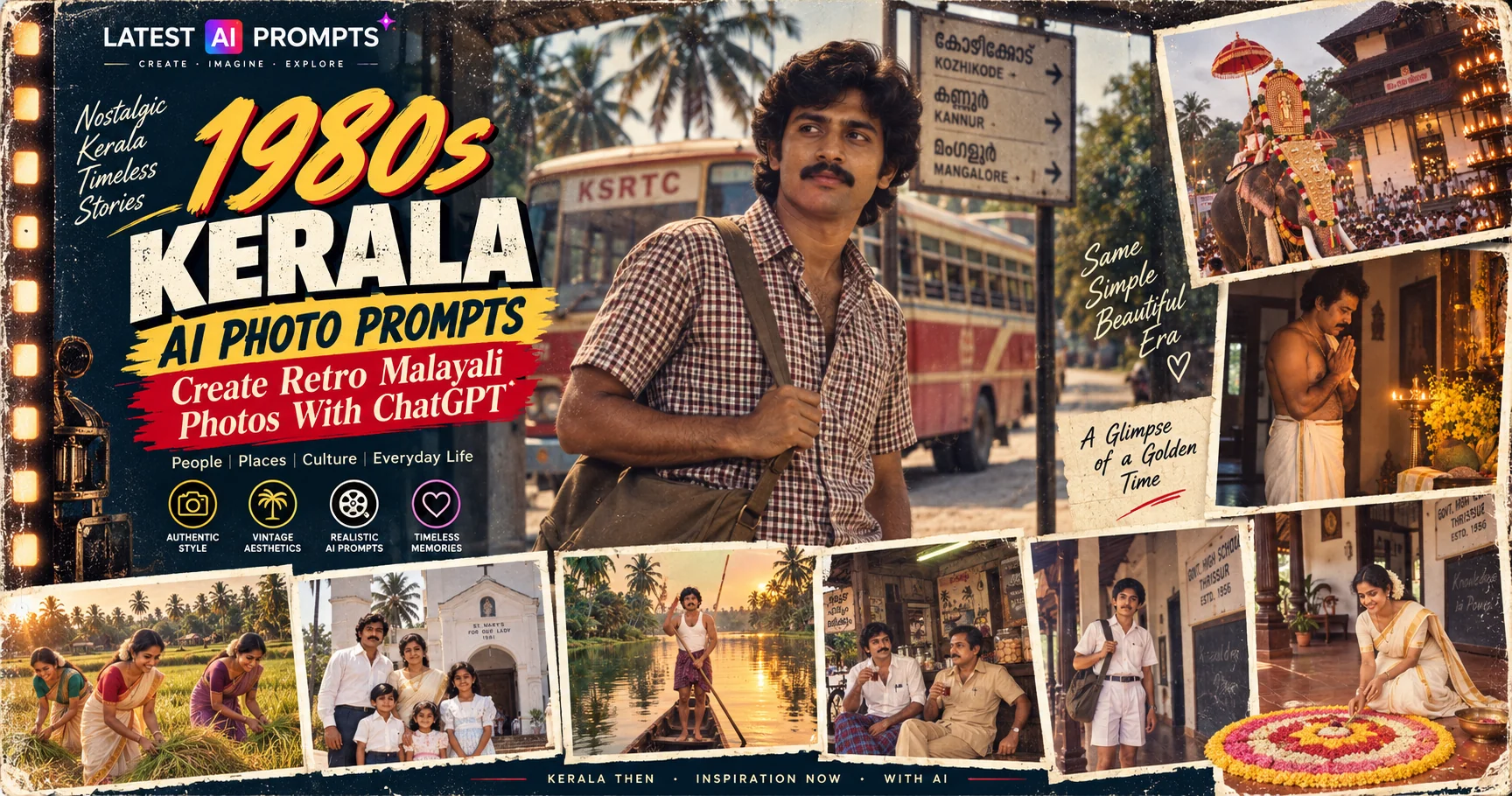 10 Authentic 1980s Kerala AI Photo Prompts — create retro Malayali portraits with ChatGPT including nalukettu courtyard, backwater fisherman, Onam pookkalam, kasavu saree and Thrissur Pooram scenes