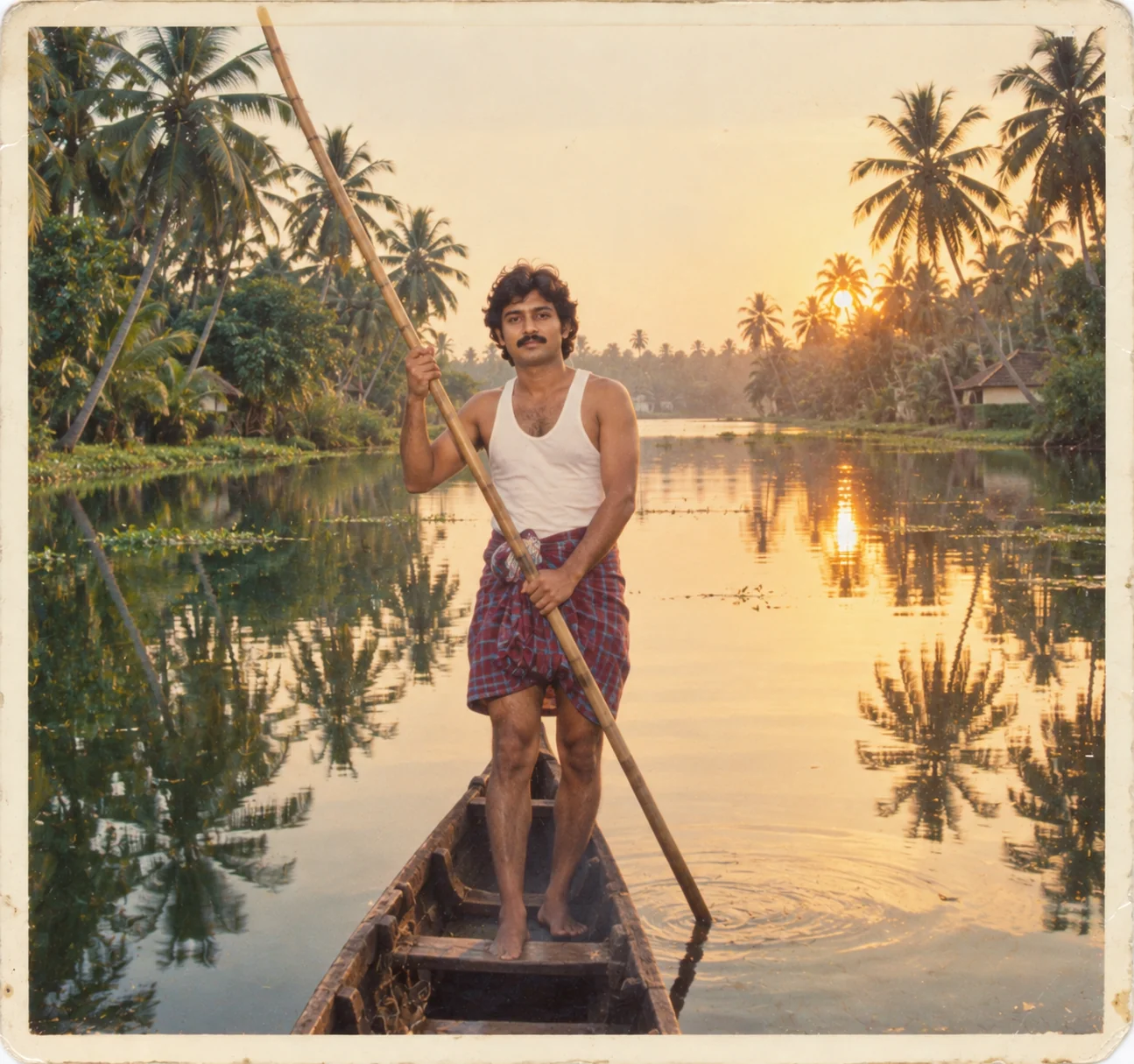 1980s Kerala backwater fisherman AI prompt — man in checked lungi paddling wooden vallam canoe with golden hour reflection on still backwater