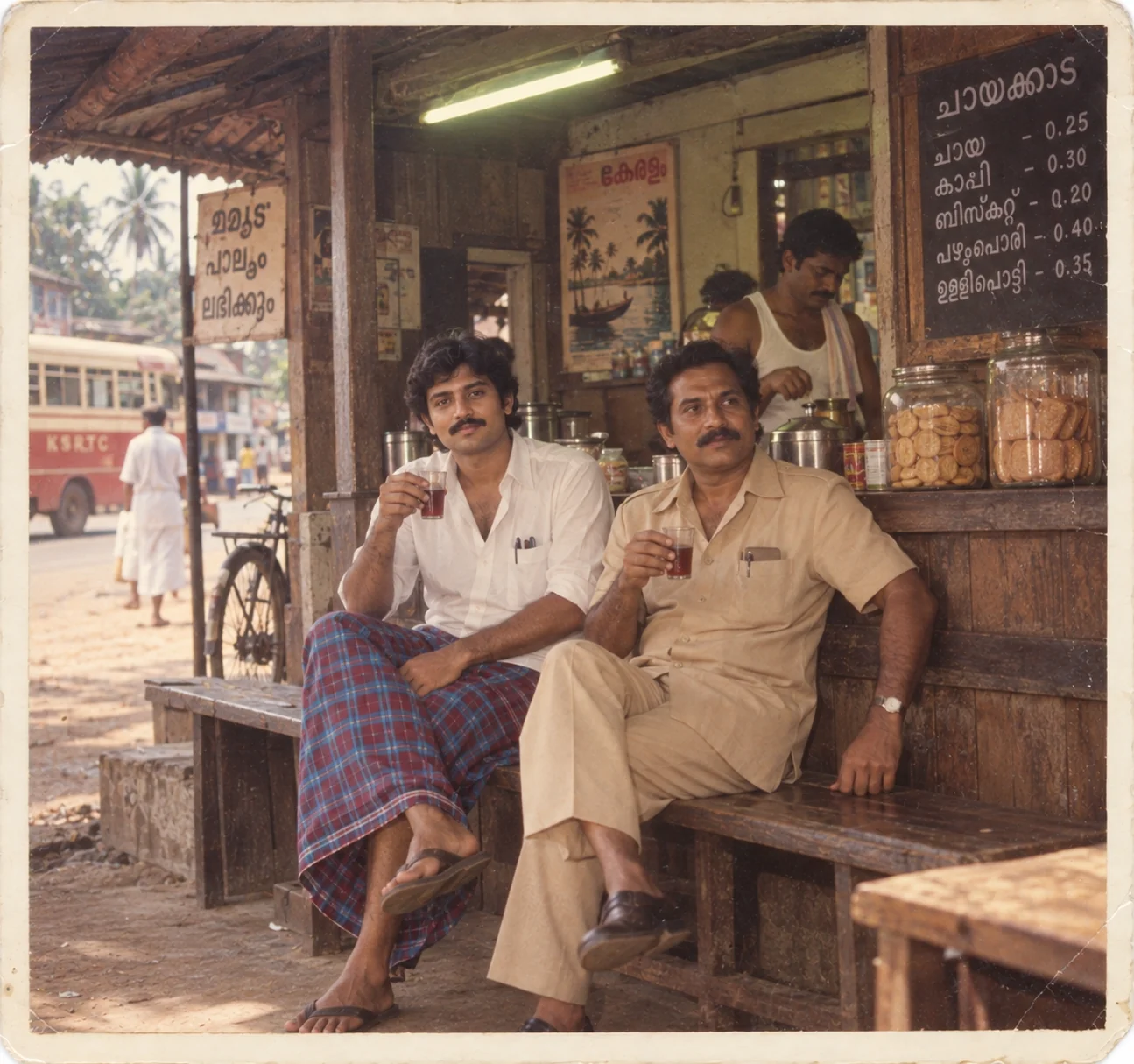 1980s Kerala roadside chayakada morning AI prompt — two men in lungi and safari suit on wooden bench with glass tumblers of tea under fluorescent light