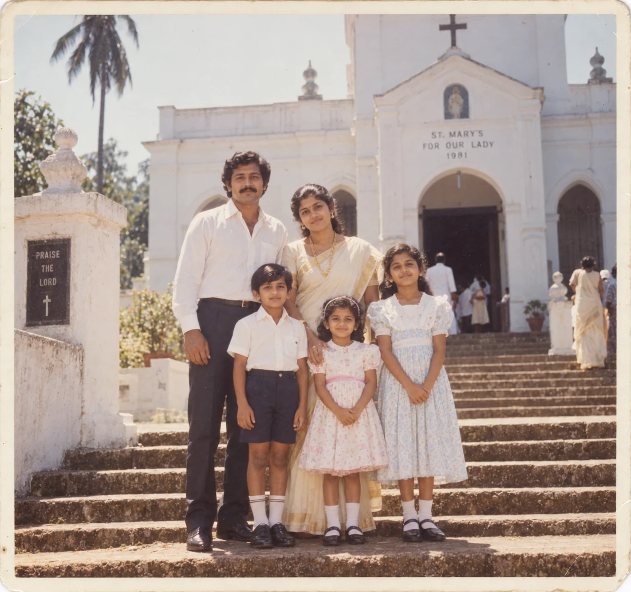 1980s Kerala church steps family portrait AI prompt — Syrian Christian family after Sunday mass on white-painted colonial church steps
