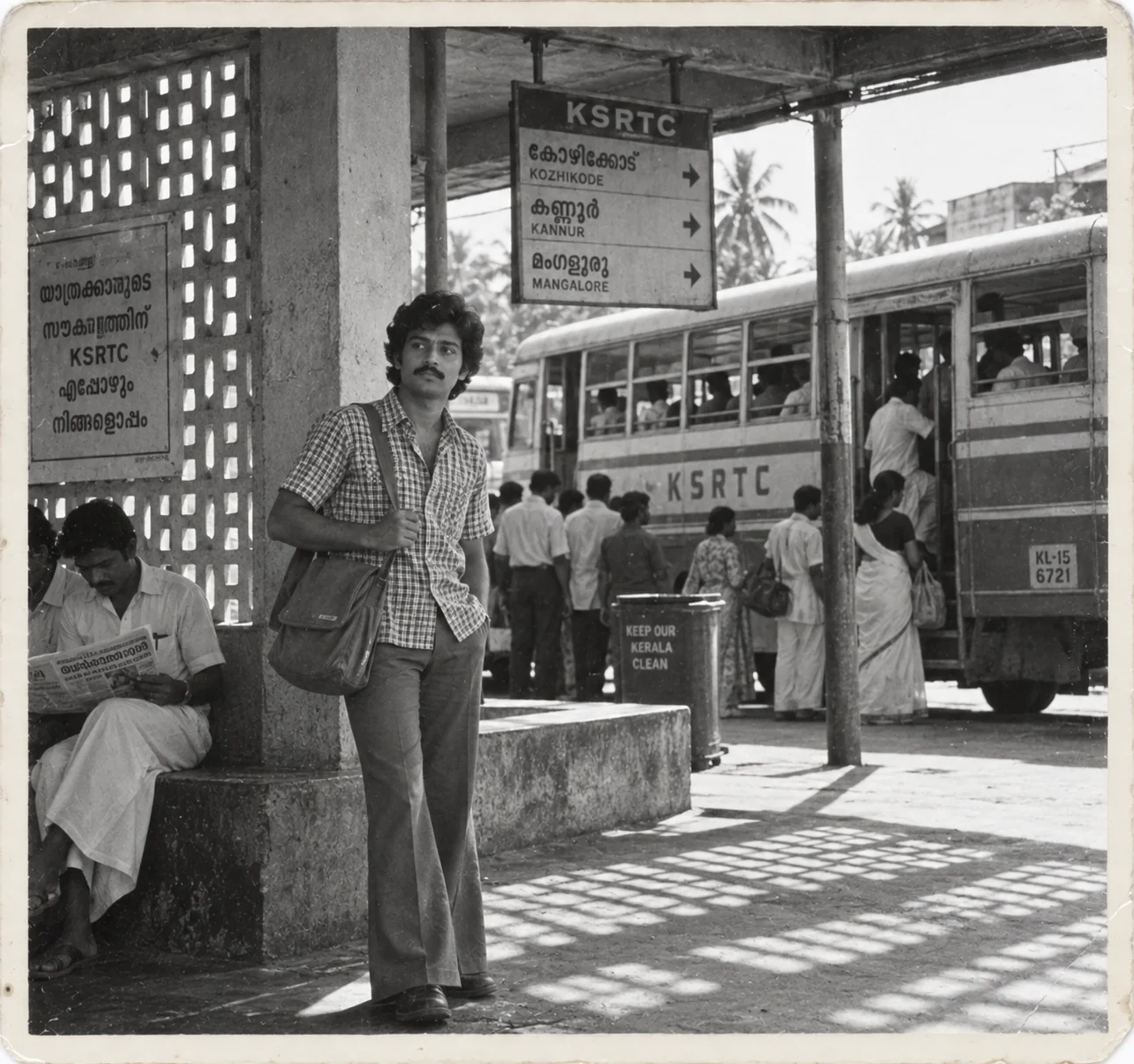 1980s Kerala KSRTC bus stand candid AI prompt — young man with shoulder bag waiting at red-and-yellow KSRTC bus in black and white film